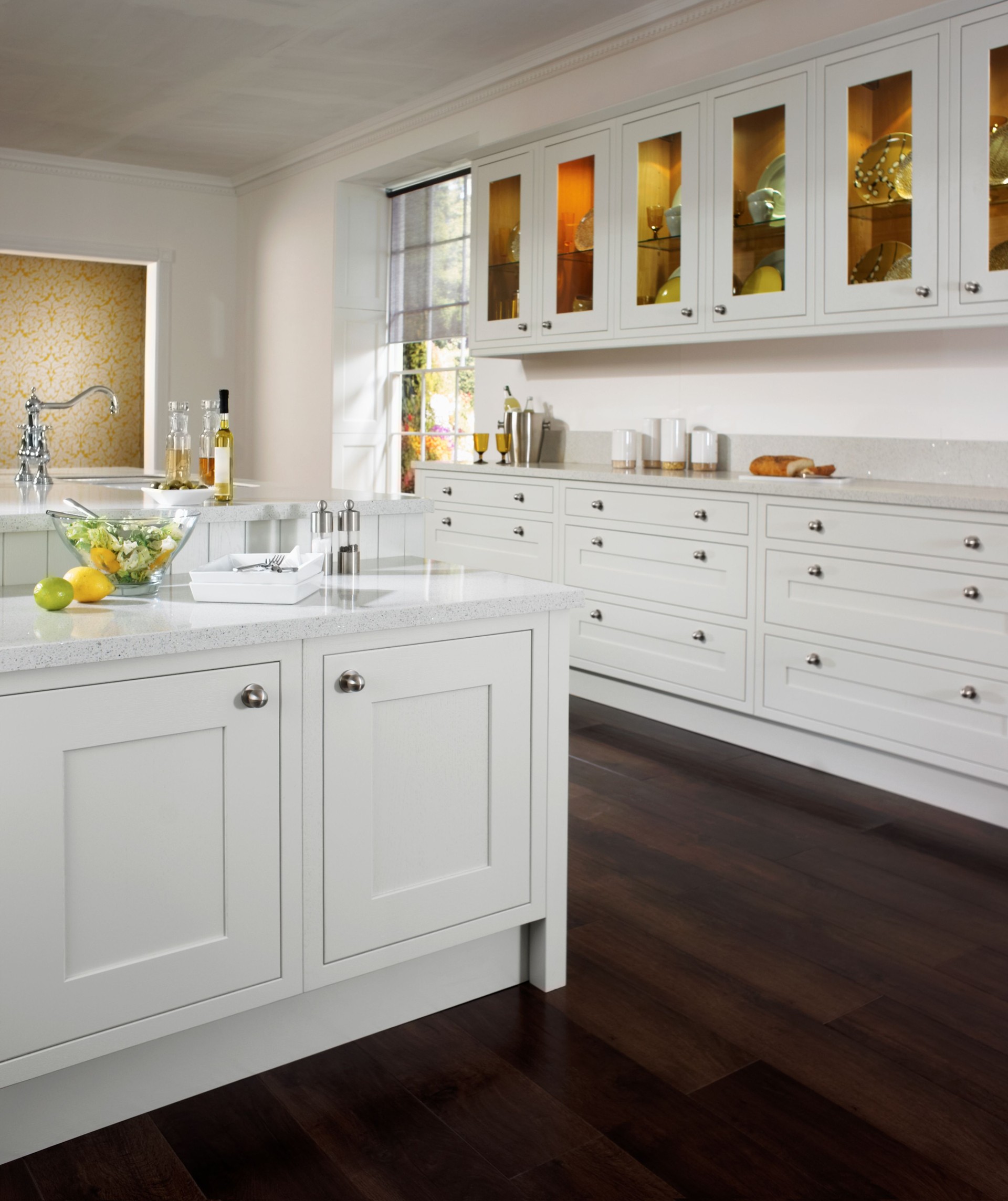 Interior view of white traditional style country kitchen